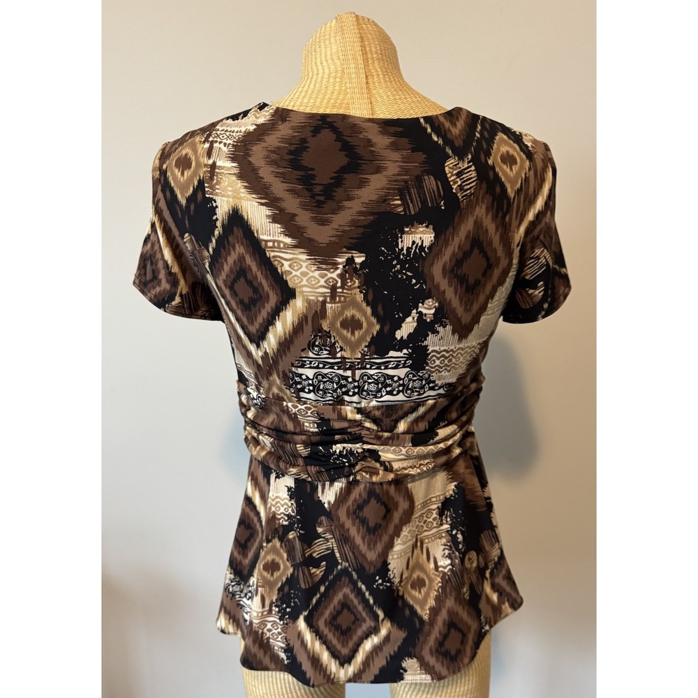Vintage Y2K R&M Richards Top Women's 10 Printed Belted Flowy‎ Babydoll Brown - Picture 5 of 8
